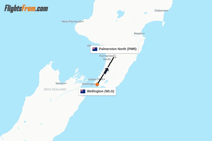 Flights from Wellington to Palmerston North route map