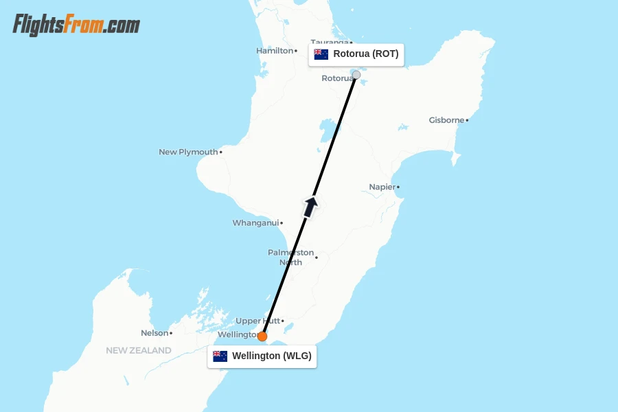 Flights from Wellington to Rotorua route map