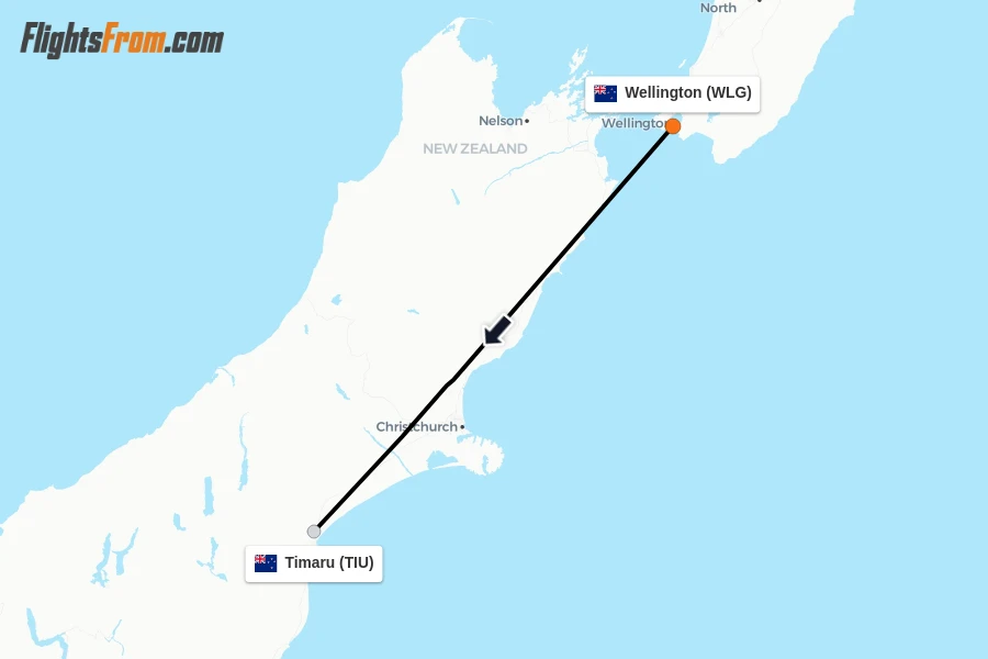 Flights from Wellington to Timaru route map