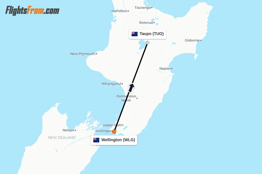 Flights from Wellington to Taupo route map