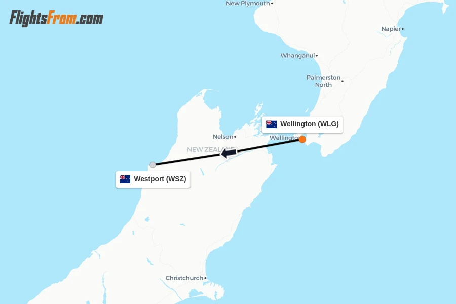 Flights from Wellington to Westport route map
