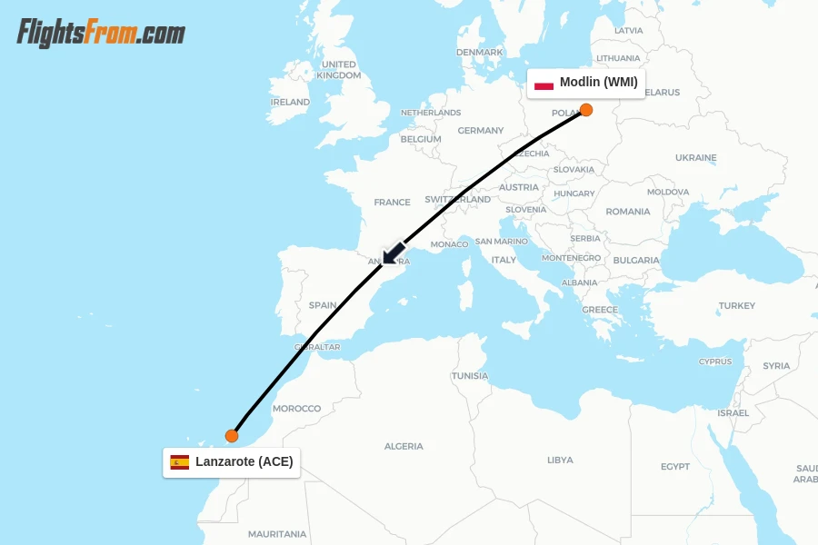 Flights from Modlin to Lanzarote route map