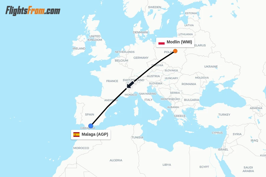 Flights from Modlin to Malaga route map