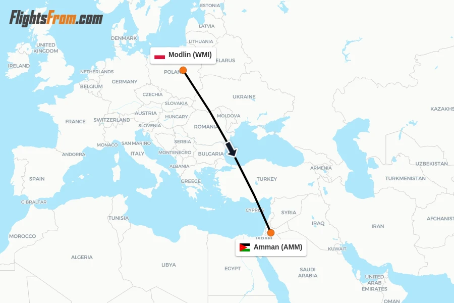 Flights from Modlin to Amman route map
