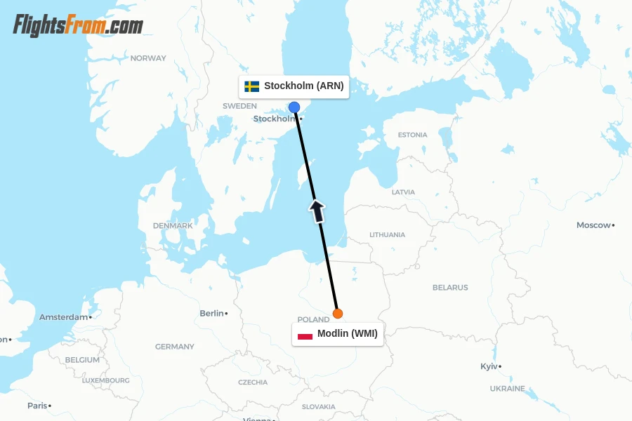 Flights from Modlin to Stockholm route map