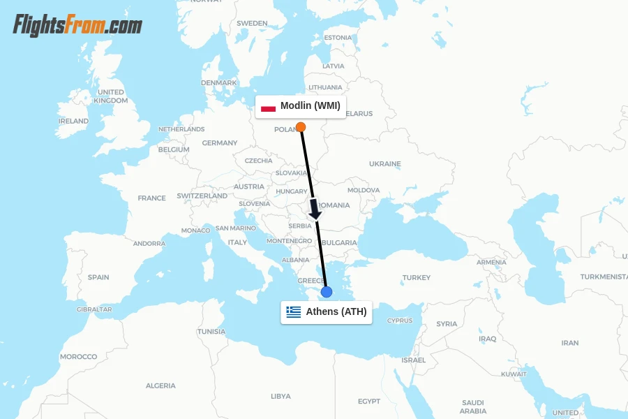 Flights from Modlin to Athens route map