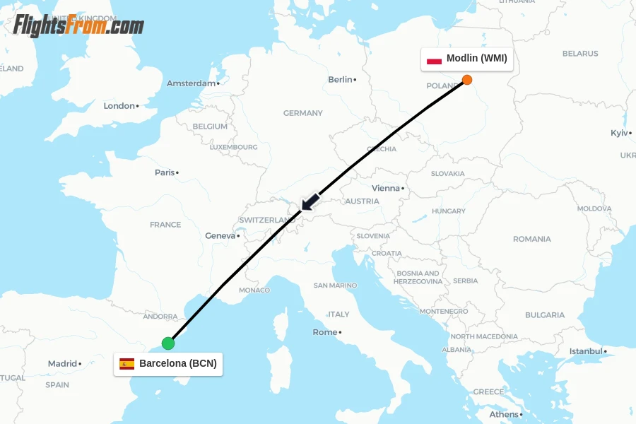 Flights from Modlin to Barcelona route map