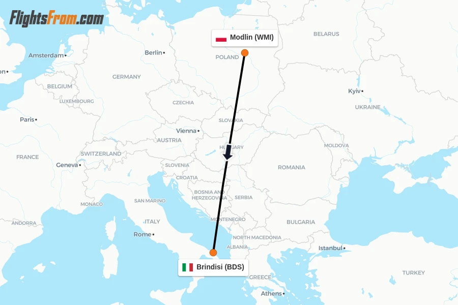 Flights from Modlin to Brindisi route map