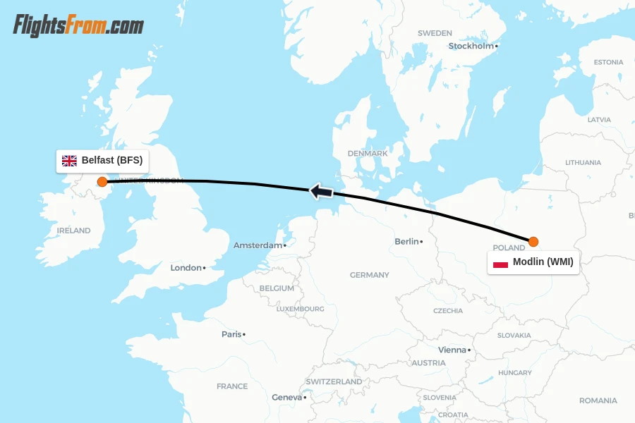 Flights from Modlin to Belfast route map