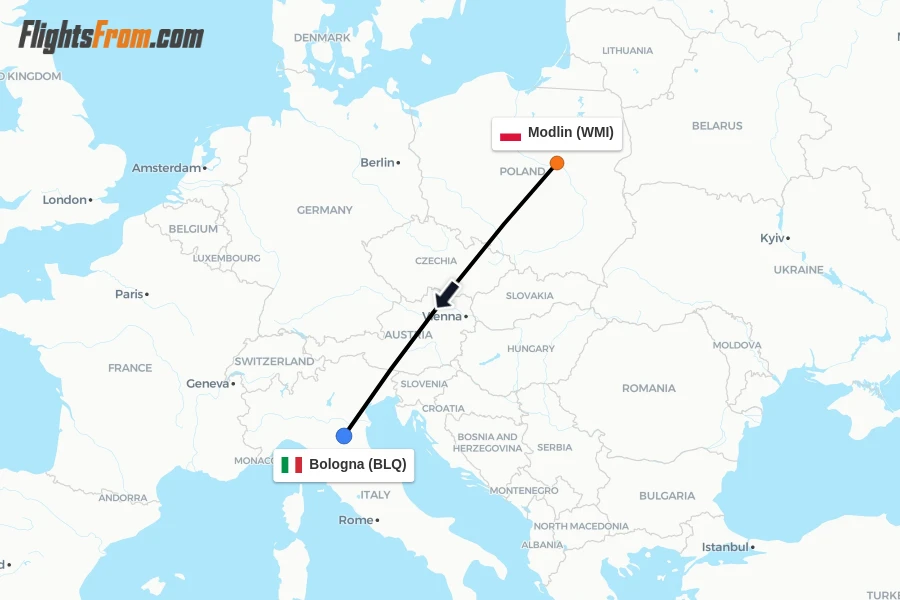 Flights from Modlin to Bologna route map