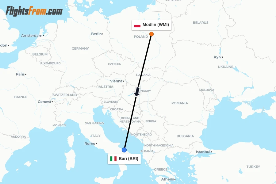 Flights from Modlin to Bari route map