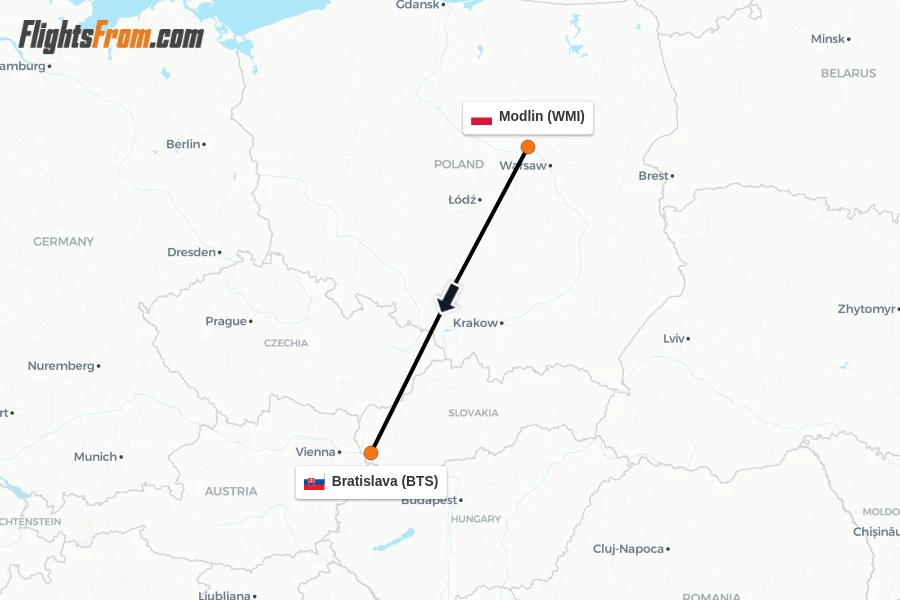 Flights from Modlin to Bratislava route map