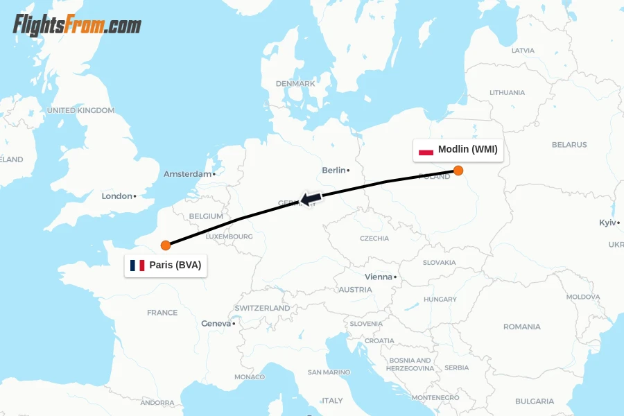 Flights from Modlin to Paris route map