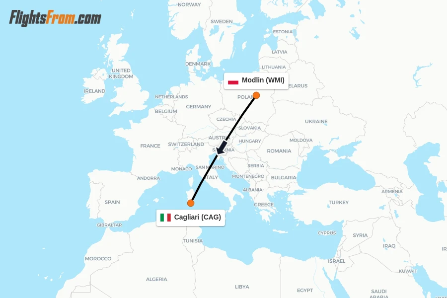 Flights from Modlin to Cagliari route map