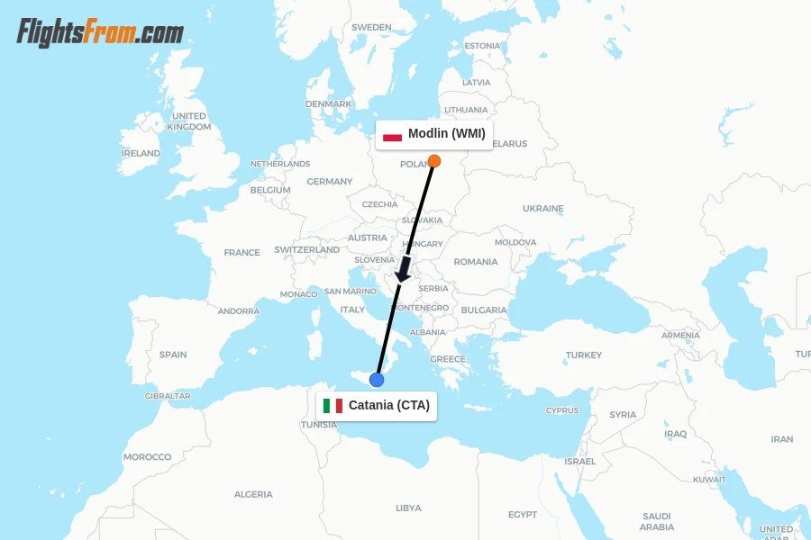 Flights from Modlin to Catania route map