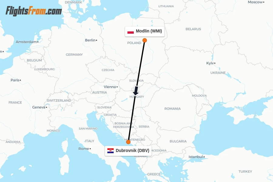 Flights from Modlin to Dubrovnik route map
