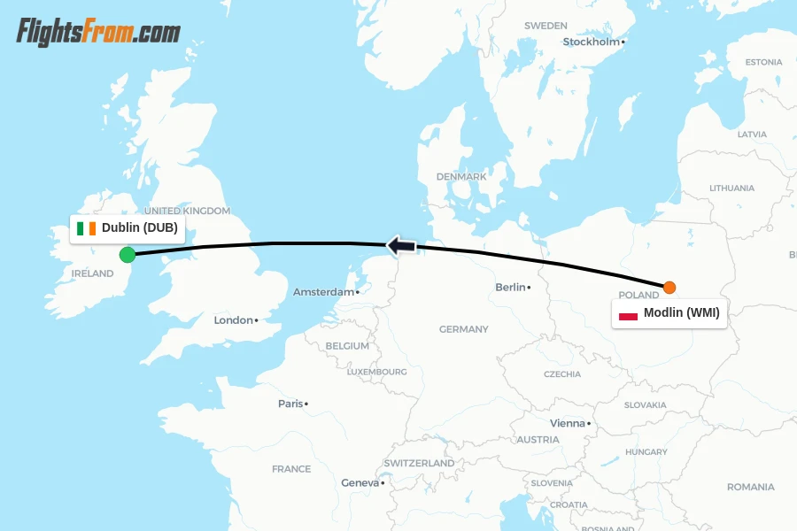 Flights from Modlin to Dublin route map