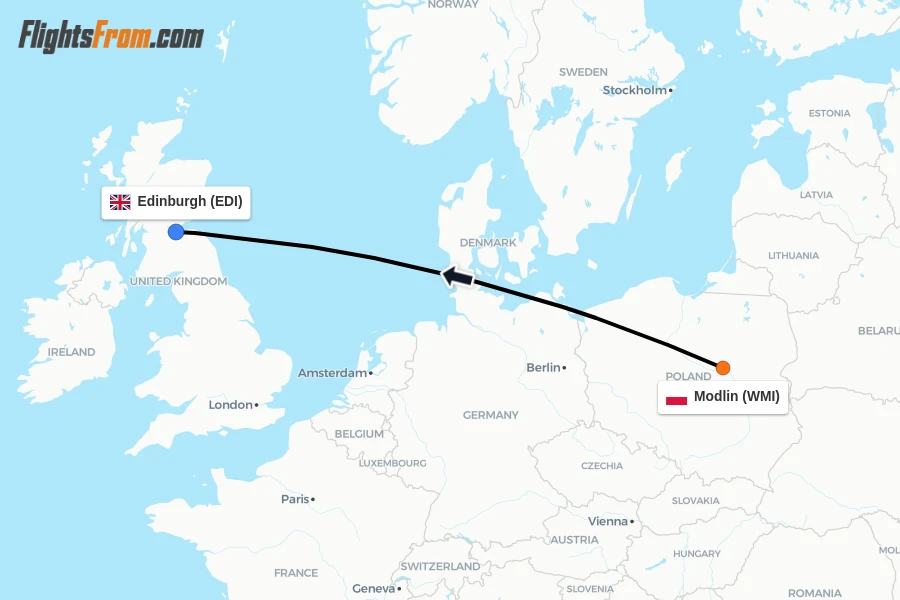 Flights from Modlin to Edinburgh route map