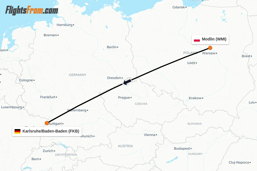 Flights from Modlin to Karlsruhe/Baden-Baden route map