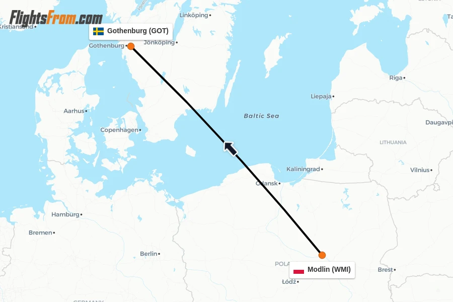 Flights from Modlin to Gothenburg route map