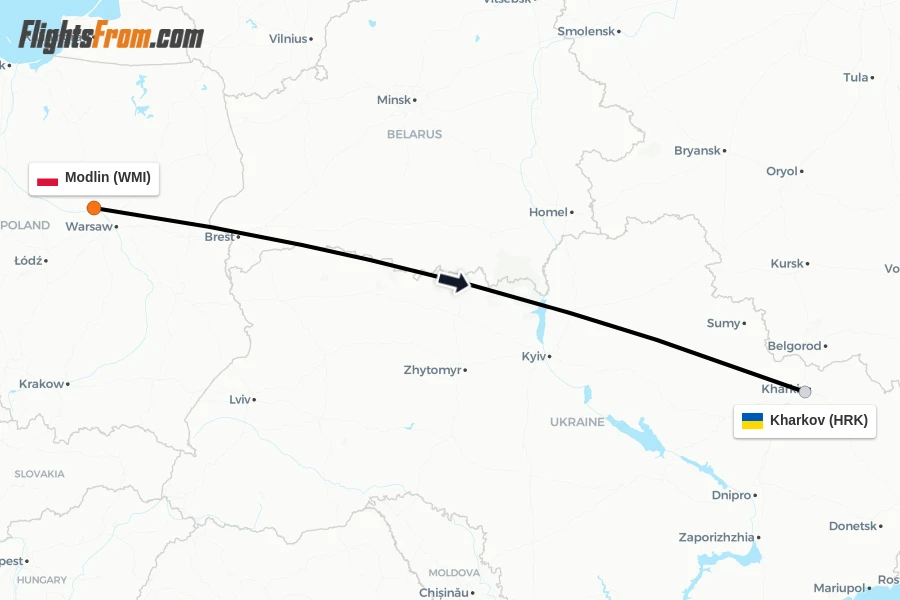 Flights from Modlin to Kharkov route map