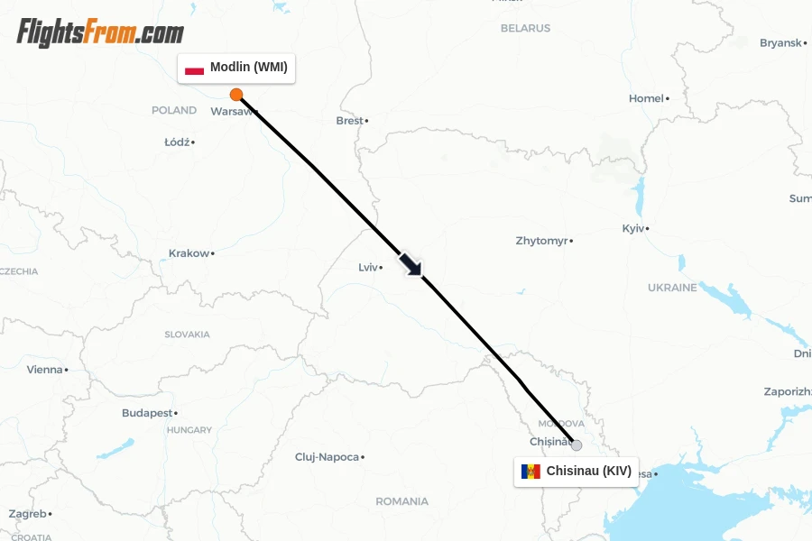 Flights from Modlin to Chisinau route map