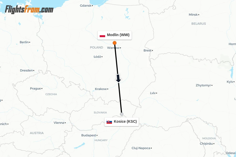 Flights from Modlin to Kosice route map