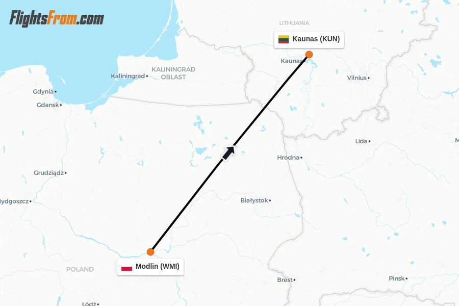Flights from Modlin to Kaunas route map