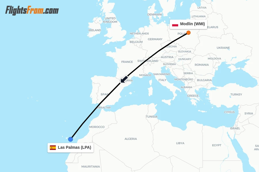 Flights from Modlin to Las Palmas route map
