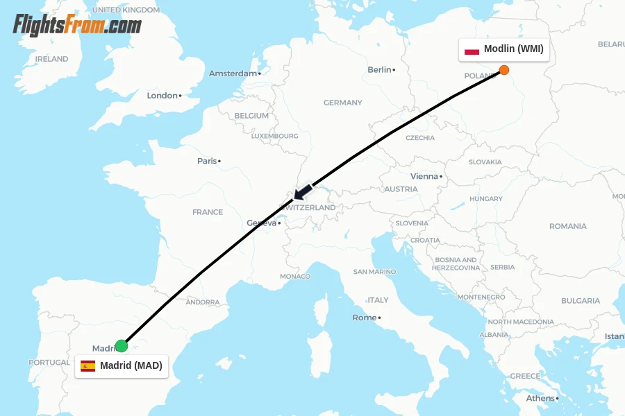 Flights from Modlin to Madrid route map