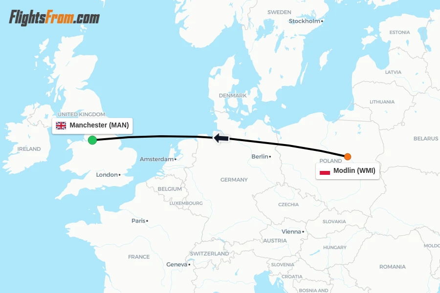 Flights from Modlin to Manchester route map