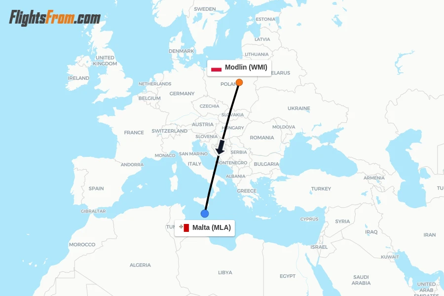 Flights from Modlin to Malta route map
