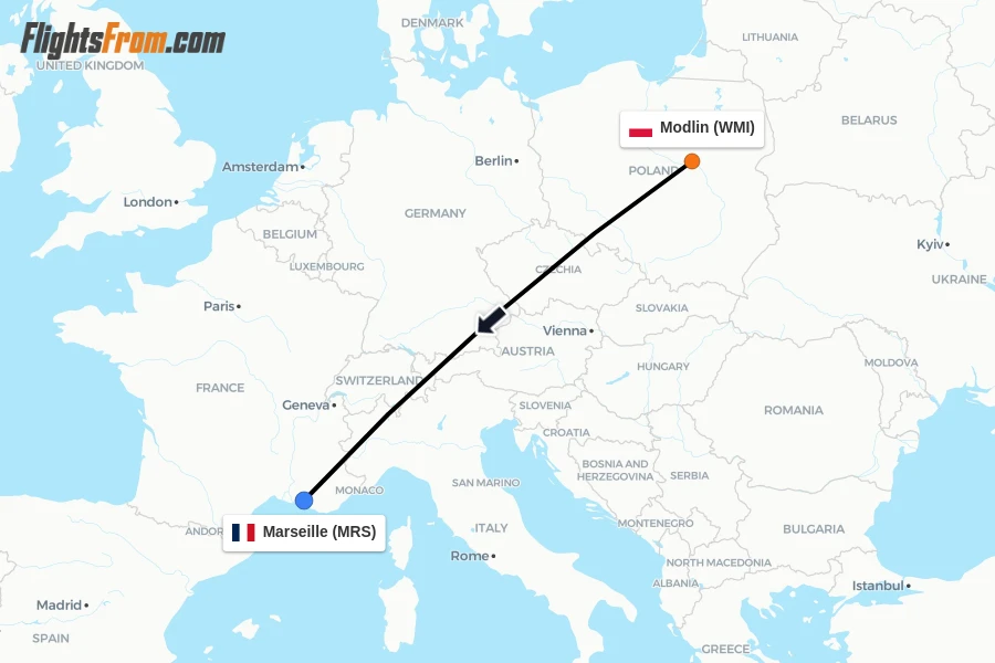 Flights from Modlin to Marseille route map