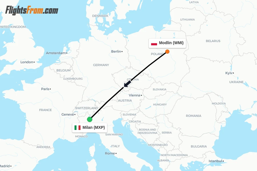 Flights from Modlin to Milan route map