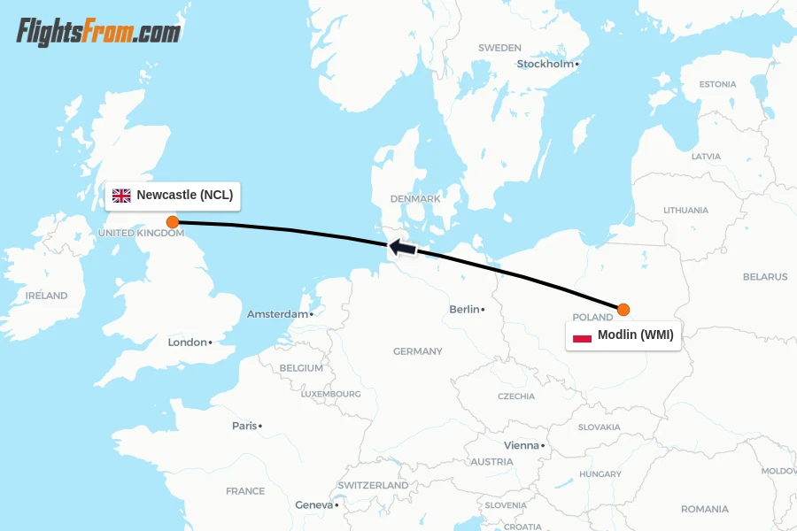 Flights from Modlin to Newcastle route map