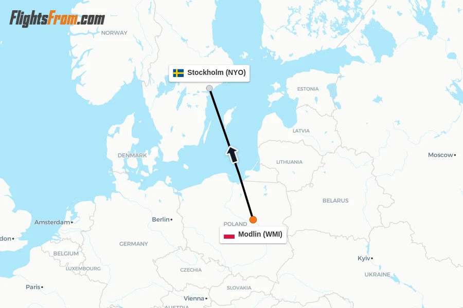Flights from Modlin to Stockholm route map