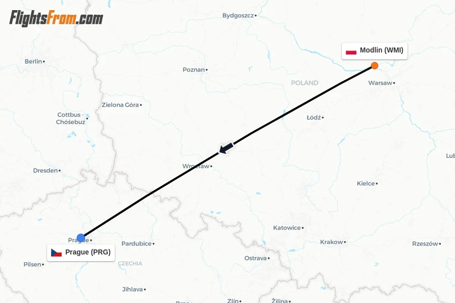 Flights from Modlin to Prague route map