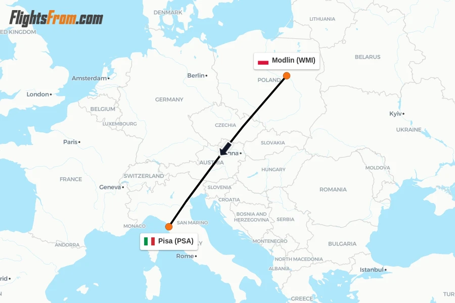 Flights from Modlin to Pisa route map