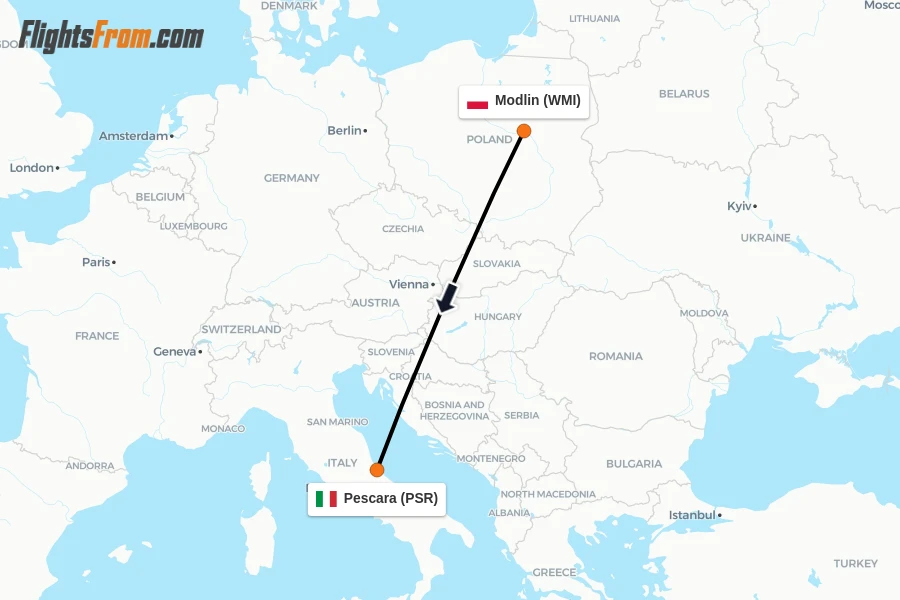 Flights from Modlin to Pescara route map
