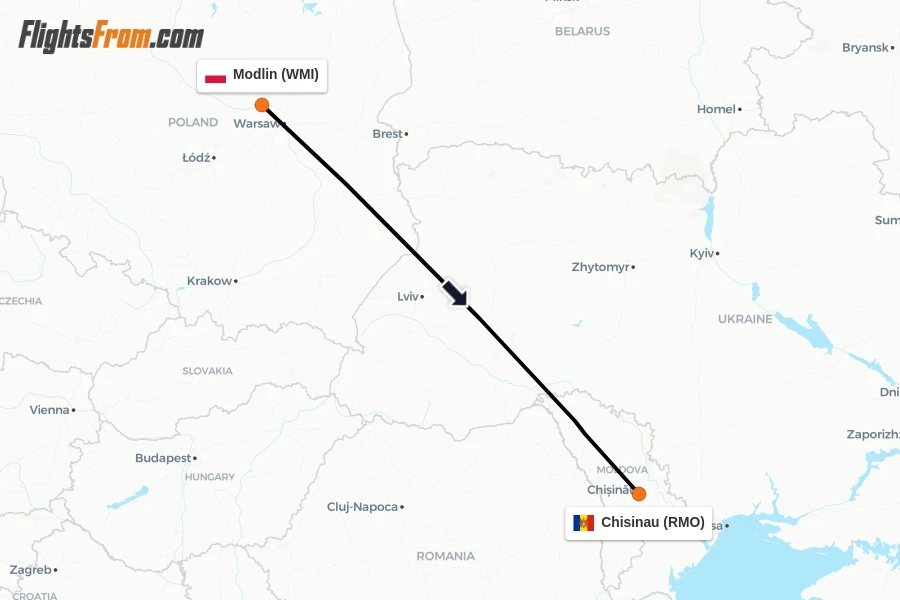 Flights from Modlin to Chisinau route map