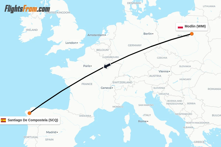 Flights from Modlin to Santiago De Compostela route map