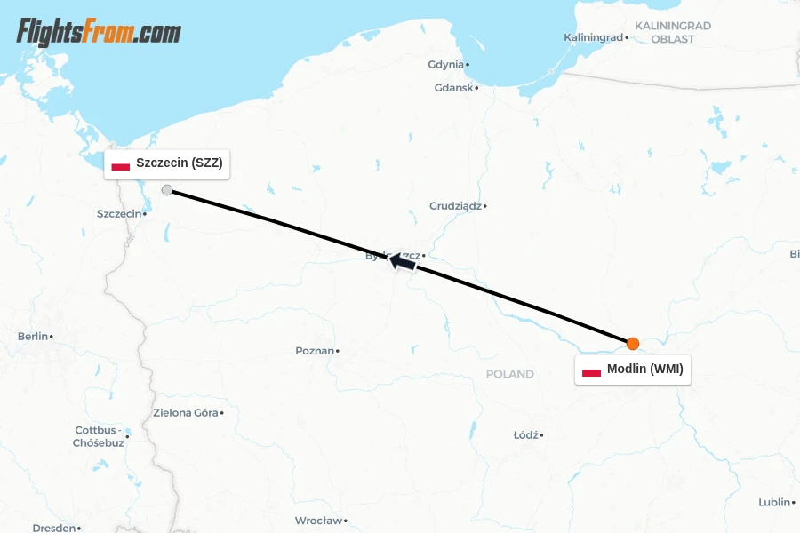 Flights from Modlin to Szczecin route map