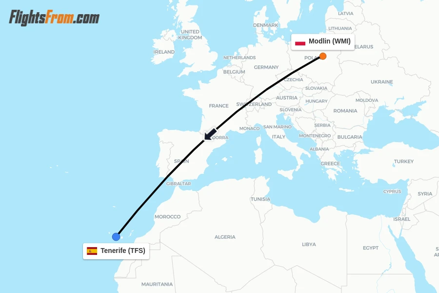 Flights from Modlin to Tenerife route map