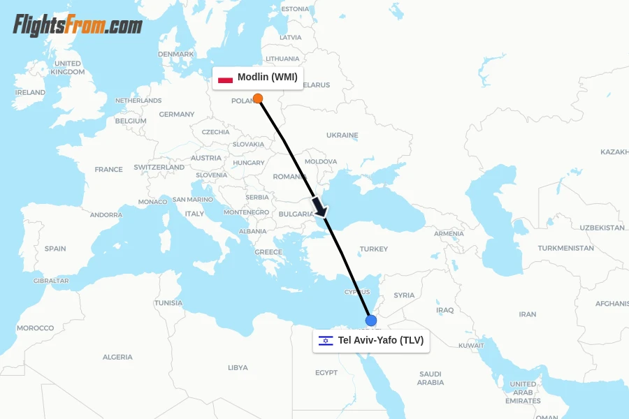 Flights from Modlin to Tel Aviv-Yafo route map