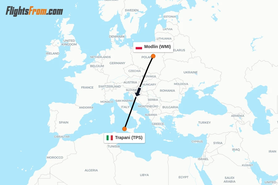Flights from Modlin to Trapani route map