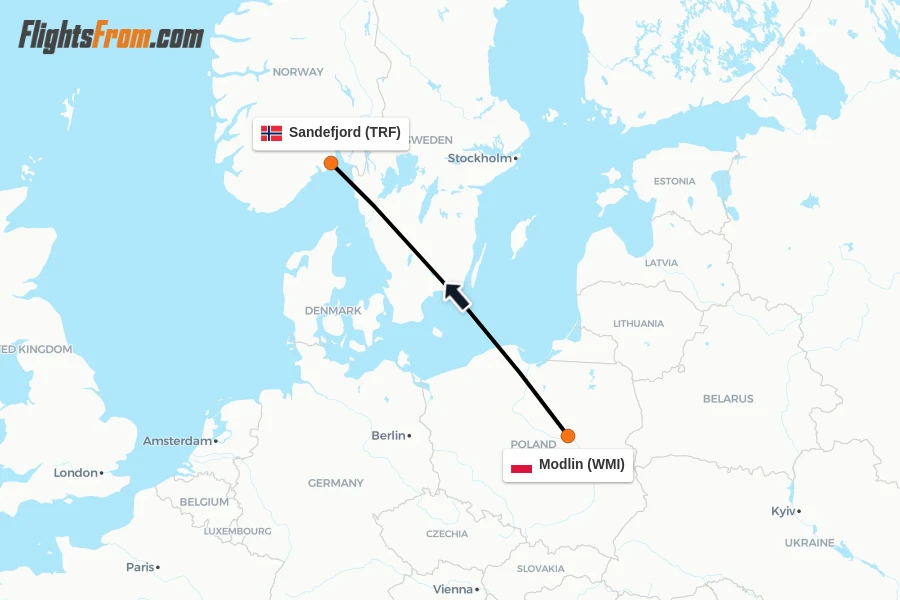 Flights from Modlin to Sandefjord route map