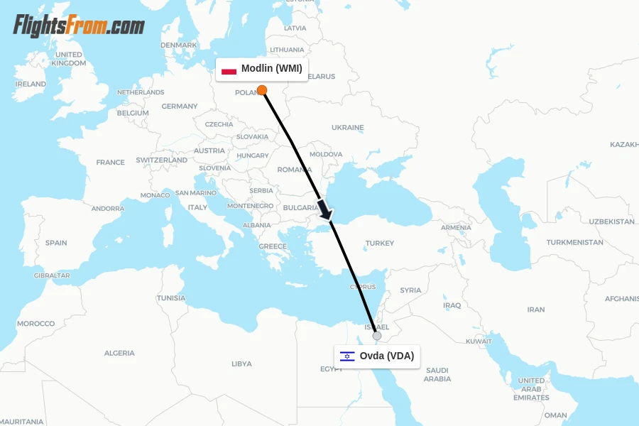 Flights from Modlin to Ovda route map