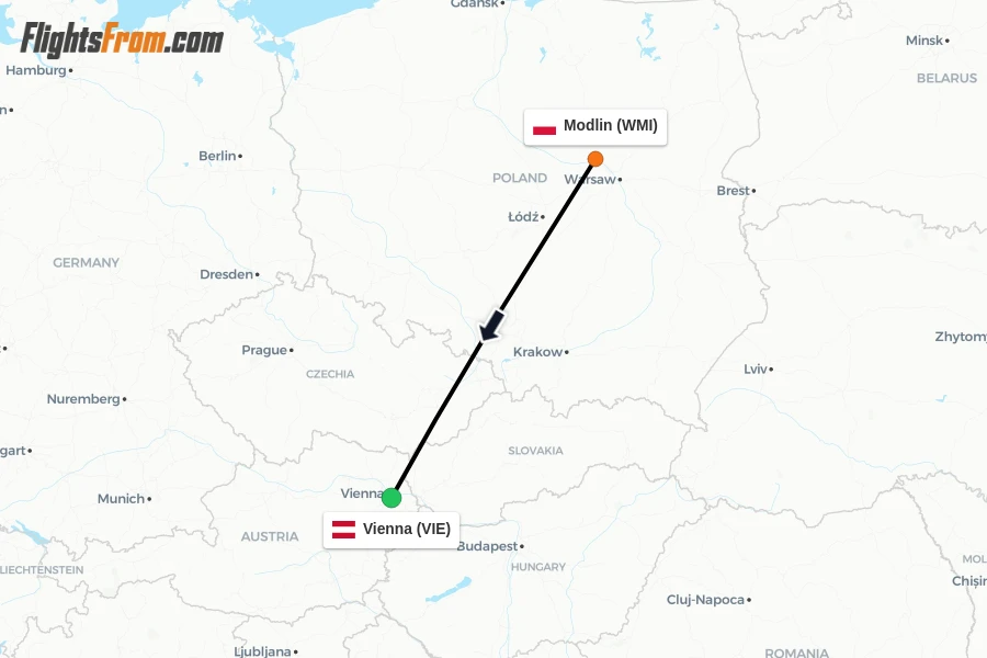 Flights from Modlin to Vienna route map