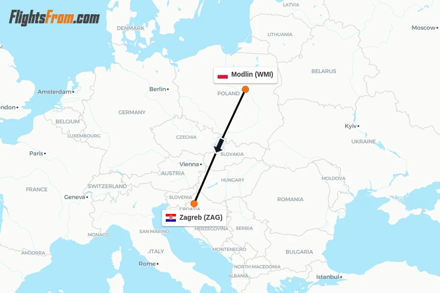 Flights from Modlin to Zagreb route map