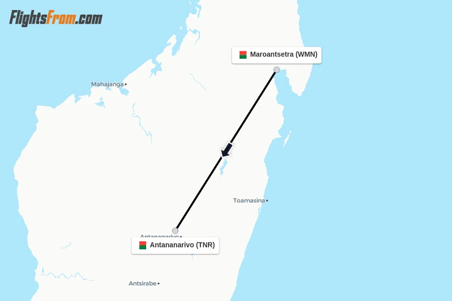 Flights from Maroantsetra to Antananarivo route map